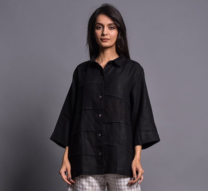 Black Linen Collared Button Shirt, photo 3