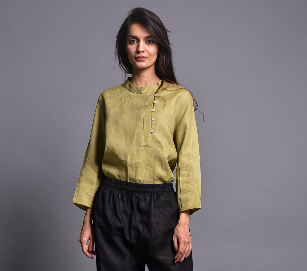 Olive Linen Top, Women’s 3/4 Sleeve Asymmetrical Button Blouse, Minimalist Loose Fit Linen Shirt for Work, Relaxed Fit, Plus Size Clothing