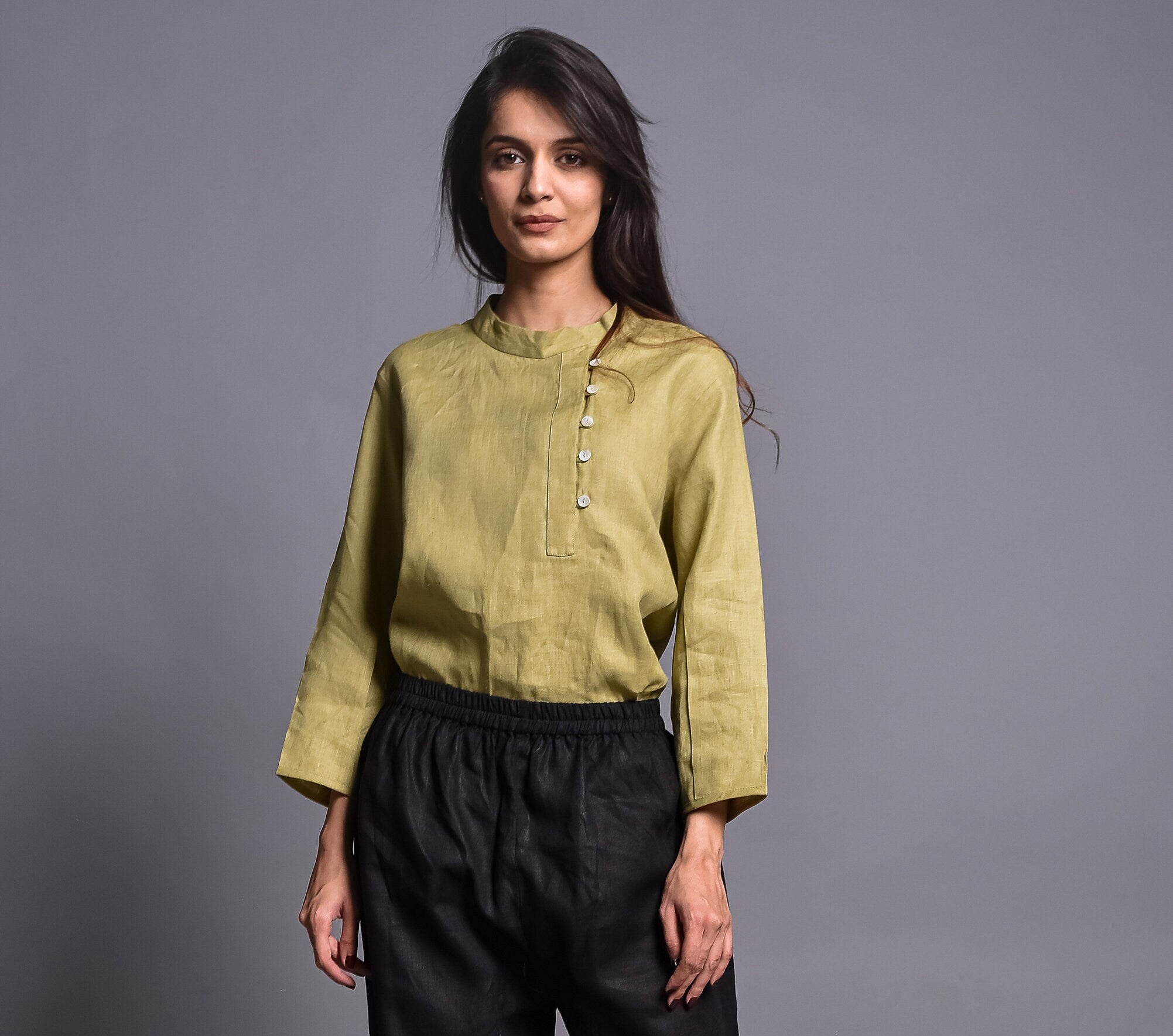 Olive Linen Top, Women’s 3/4 Sleeve Asymmetrical Button Blouse, Minimalist Loose Fit Linen Shirt for Work, Relaxed Fit, Plus Size Clothing