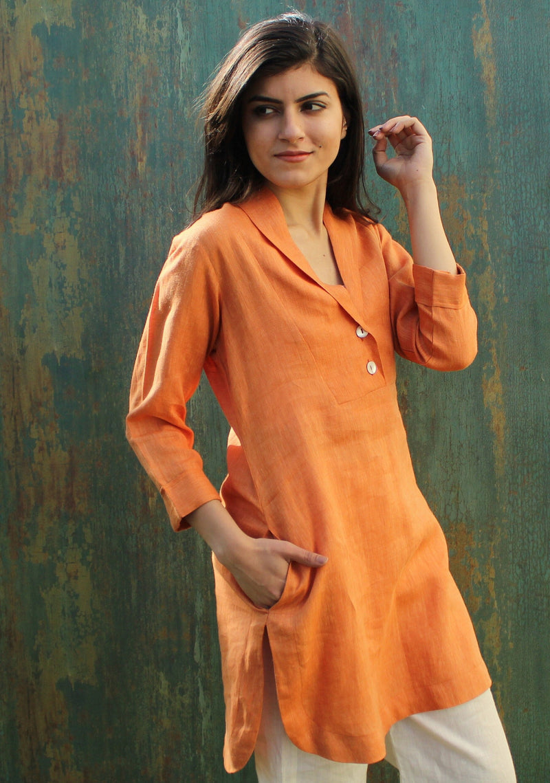 V-Neck Linen Tunic Dress, 3/4 Sleeves