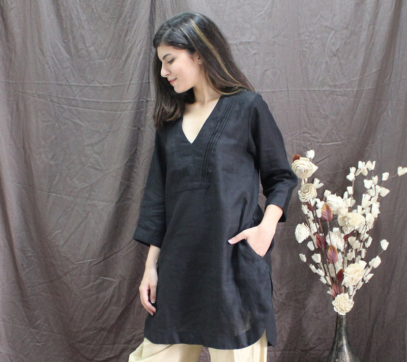 Black Linen Tunic Dress with 3/4 Sleeves, photo 4
