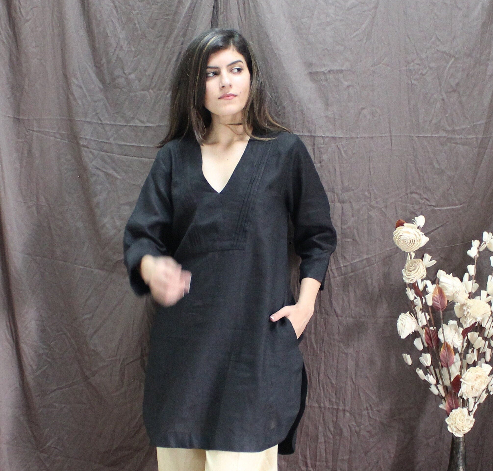 Black Linen Tunic Dress: Pintuck V-Neck, 3/4 Sleeve with Pockets