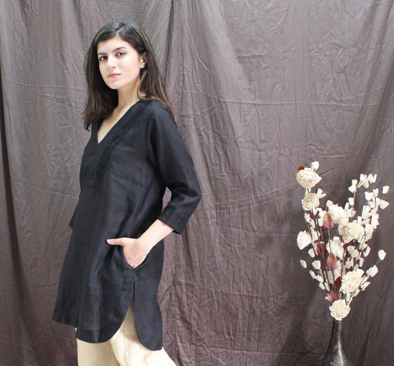 Black Linen Tunic Dress with 3/4 Sleeves, photo 3