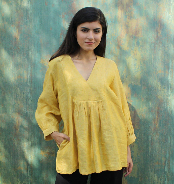 Honey Yellow Linen V-Neck Blouse