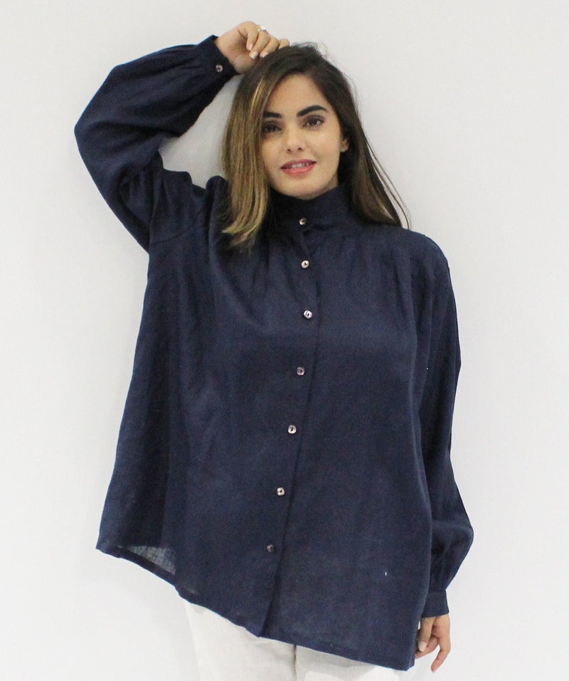 Oversized Blue Linen Shirt, Long Sleeve Button-Up Top, plus size tops plus size clothing
