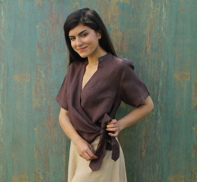 Brown Linen Tie-Front Wrap Top, photo 5
