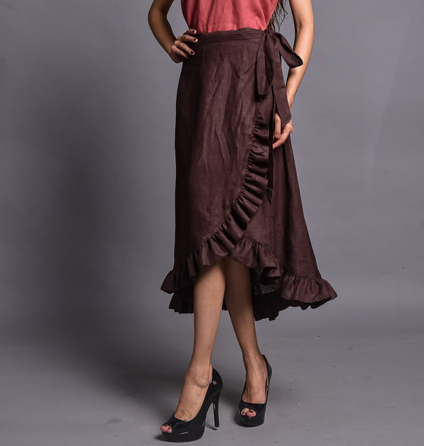 Ruffle Linen Wrap Skirt, High Waisted