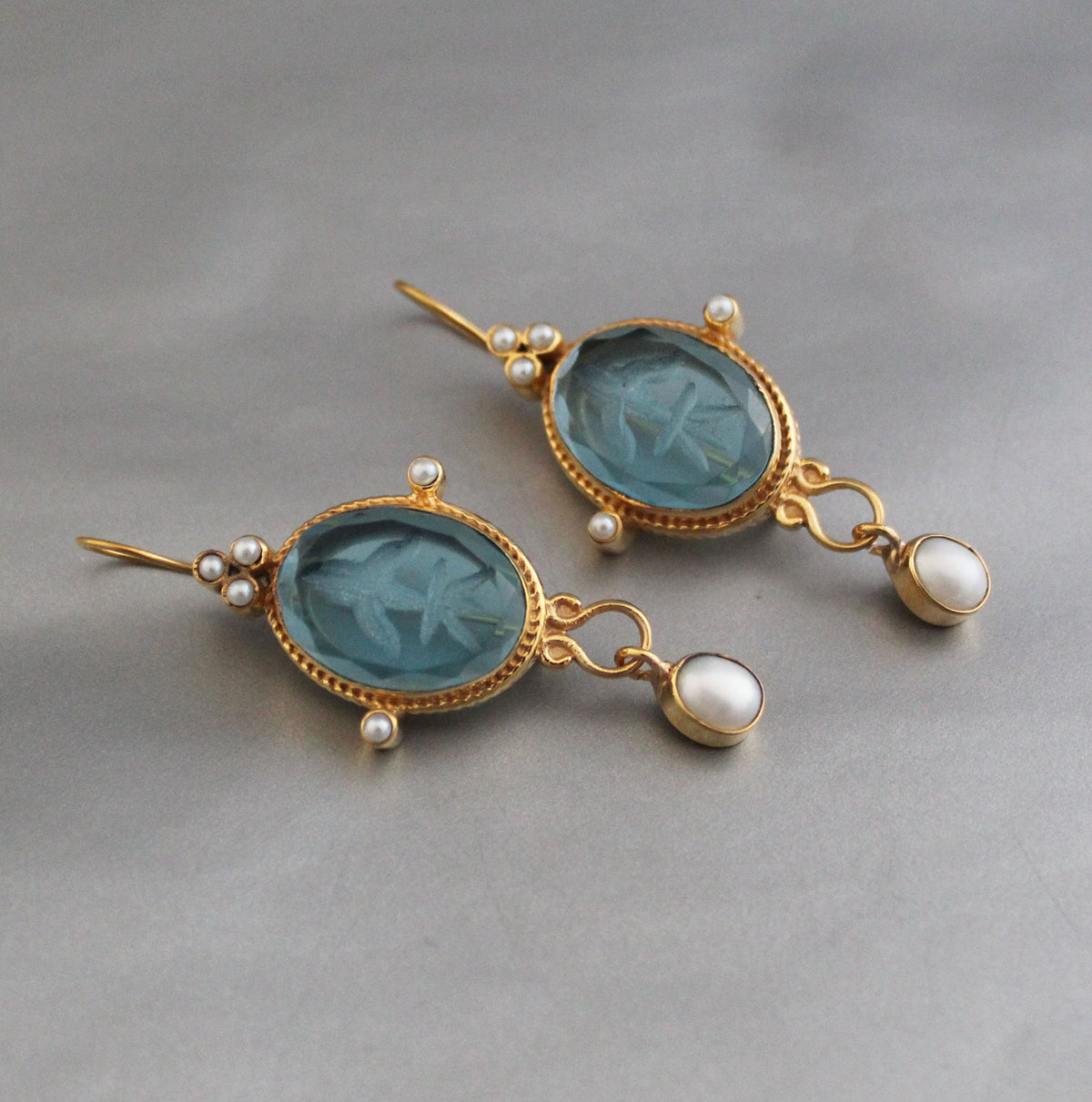 Blue Glass Intaglio Earrings, Edwardian Style, 18K Gold Vermeil, photo 5