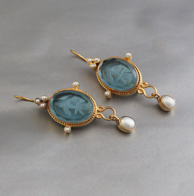 Blue Glass Intaglio Earrings, Edwardian Style, 18K Gold Vermeil, photo 5