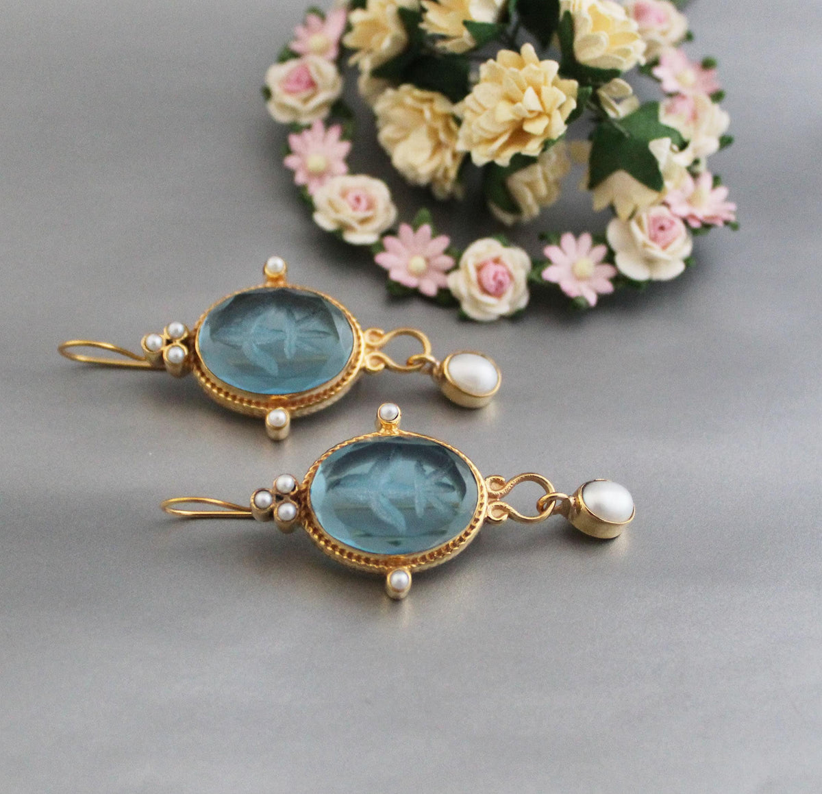 Blue Glass Intaglio Earrings, Edwardian Style, 18K Gold Vermeil