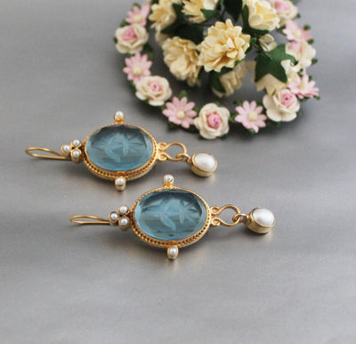 Blue Glass Intaglio Earrings, Edwardian Style, 18K Gold Vermeil