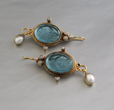 Blue Glass Intaglio Earrings, Edwardian Style, 18K Gold Vermeil, photo 8
