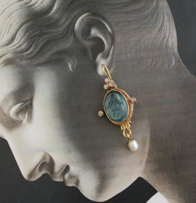 Blue Glass Intaglio Earrings, Edwardian Style, 18K Gold Vermeil, photo 10