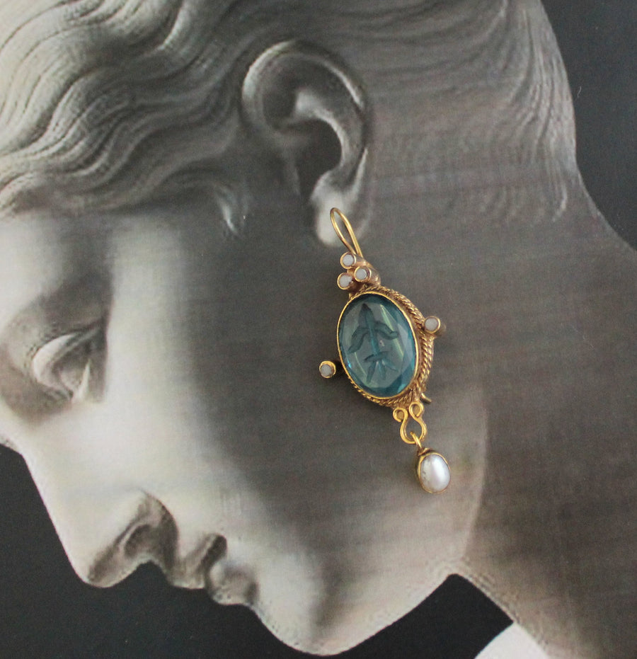 Blue Glass Intaglio Earrings, Edwardian Style, 18K Gold Vermeil, photo 10