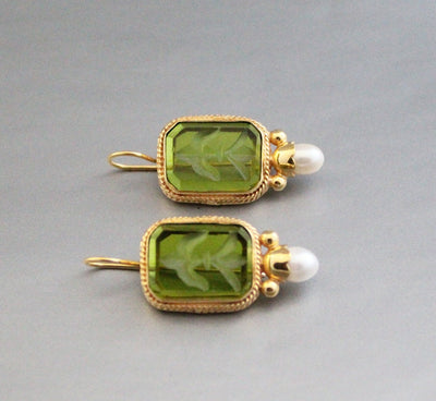 Green Glass Intaglio Earrings, Bridal Pearl Accent, Brass, photo 10