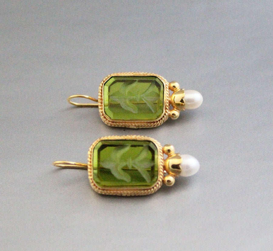 Green Glass Intaglio Earrings, Bridal Pearl Accent, Brass, photo 10