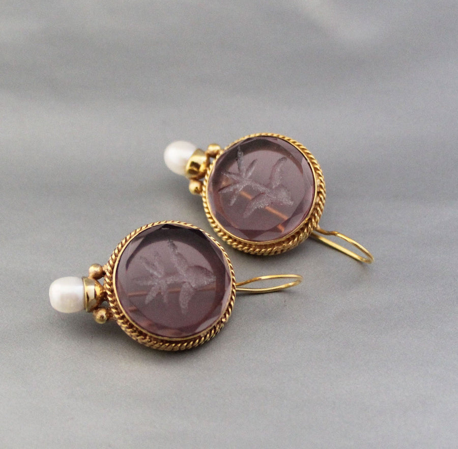 Purple Glass Intaglio Earrings, Victorian Amethyst Drops, Gold Vermeil