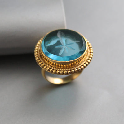 Blue Glass Intaglio Cocktail Ring, Victorian Signet, Gold Vermeil, photo 6