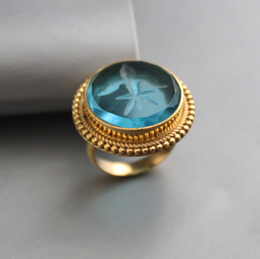 Blue Glass Intaglio Cocktail Ring, Victorian Signet, Gold Vermeil, photo 6