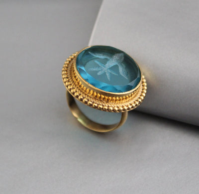 Blue Glass Intaglio Cocktail Ring, Victorian Signet, Gold Vermeil, photo 3