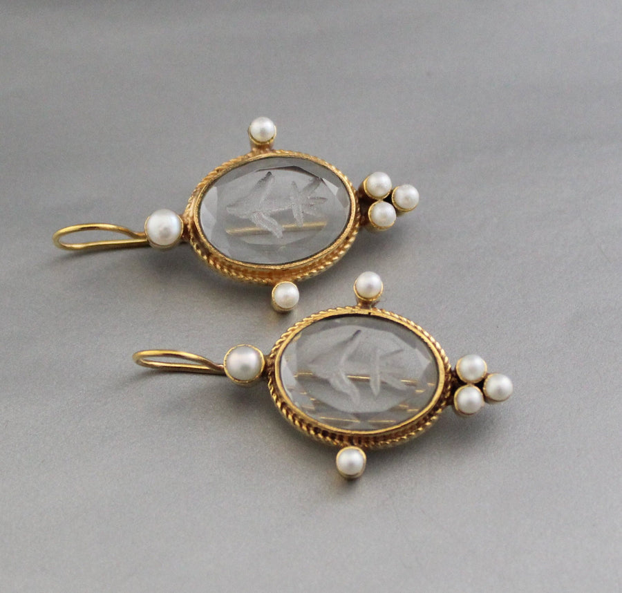 Clear Crystal Intaglio Earrings, Ancient Roman Style, 14K Gold, photo 2