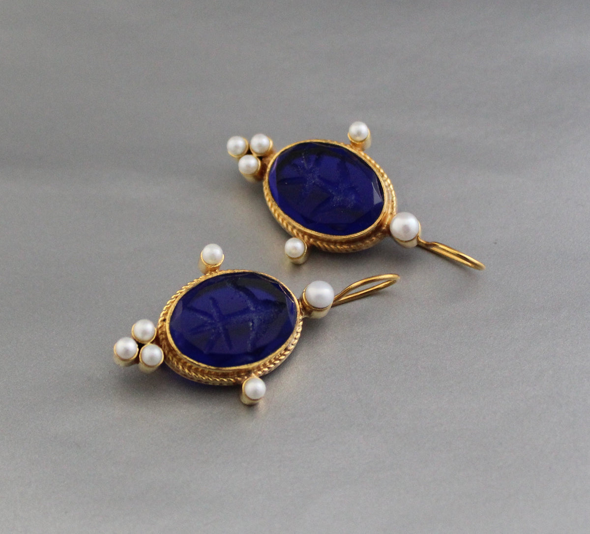 Indigo Blue Intaglio Earrings, Venetian Glass, Roman Style, photo 2
