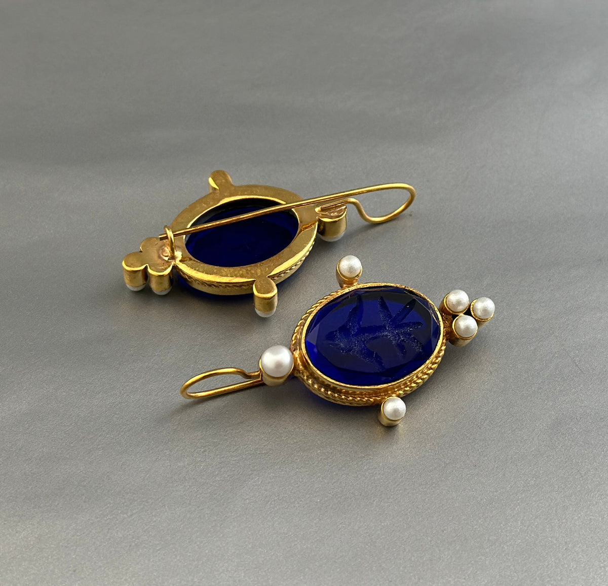 Indigo Blue Intaglio Earrings, Venetian Glass, Roman Style, photo 5
