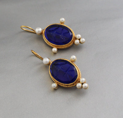 Indigo Blue Intaglio Earrings, Venetian Glass, Roman Style, photo 6
