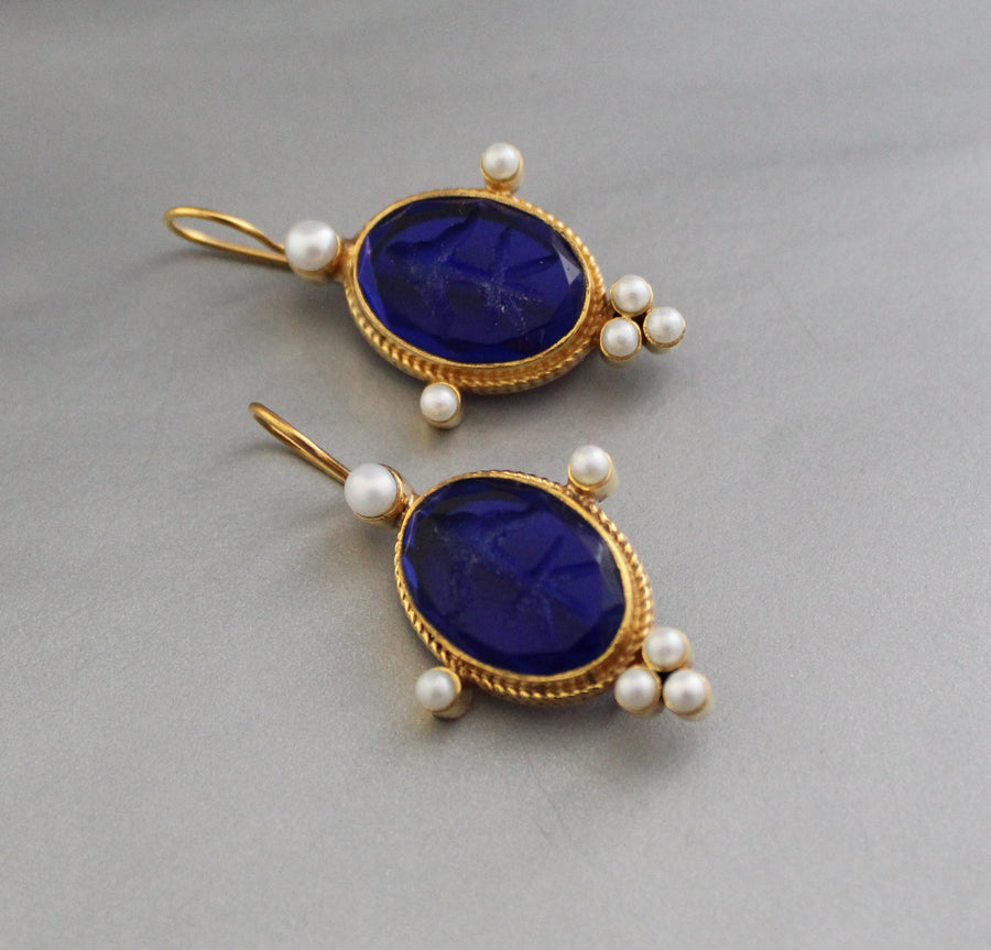 Indigo Blue Intaglio Earrings, Venetian Glass, Roman Style, photo 6