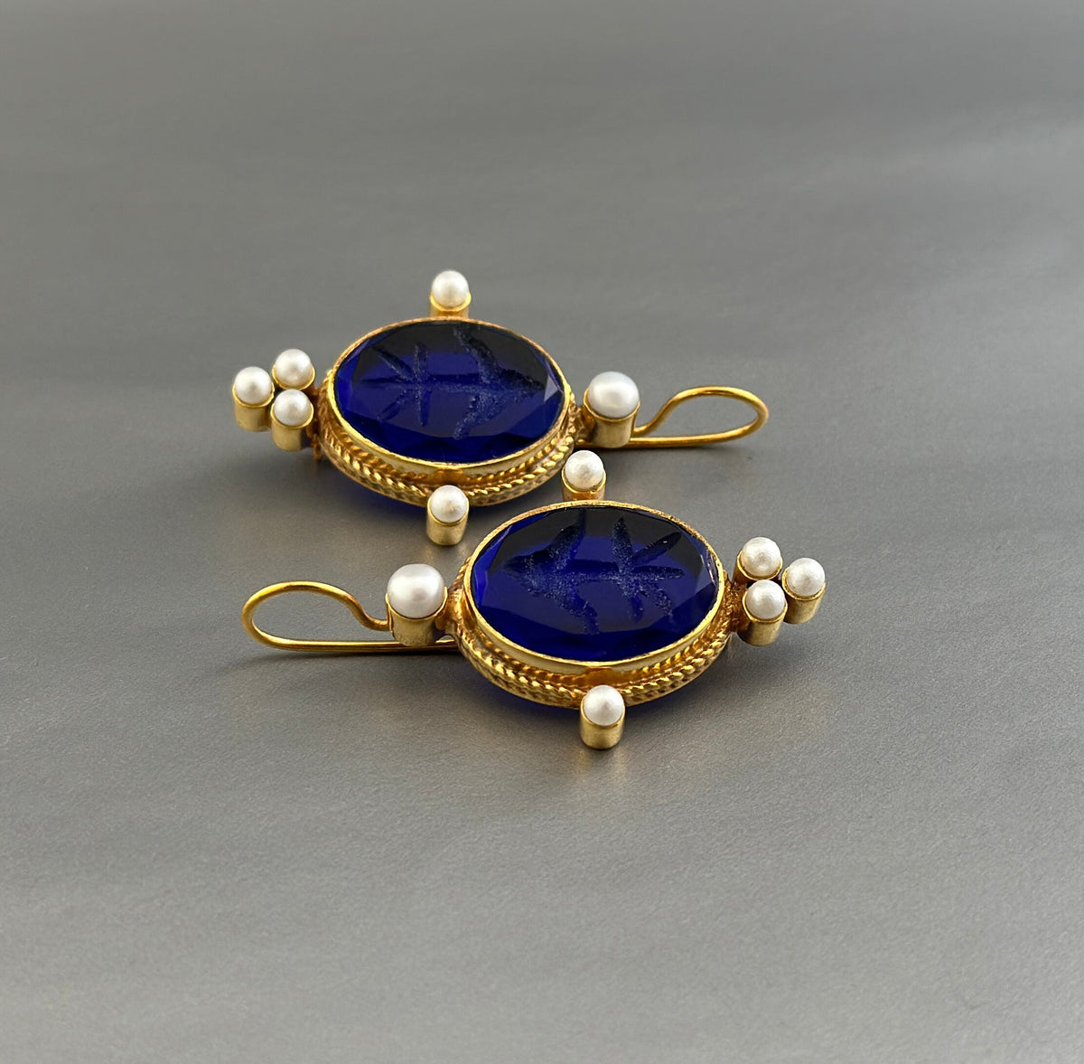 Indigo Blue Intaglio Earrings, Venetian Glass, Roman Style, photo 12
