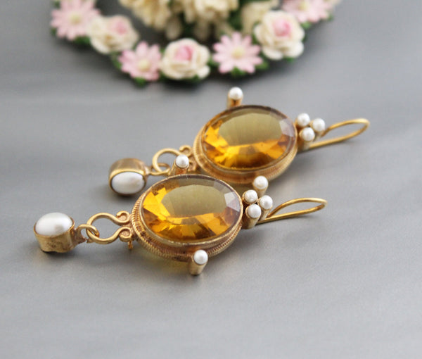 Yellow Glass Intaglio Earrings, Victorian Style, Gold Vermeil with Pearls