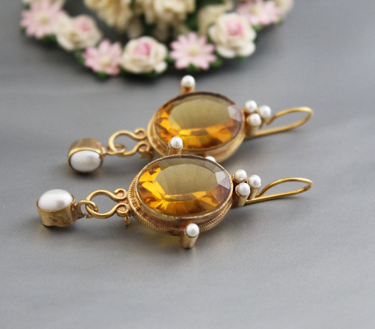 Yellow Glass Intaglio Earrings, Victorian Style, Gold Vermeil with Pearls, photo 5