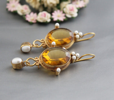 Yellow Glass Intaglio Earrings, Victorian Style, Gold Vermeil with Pearls, photo 5