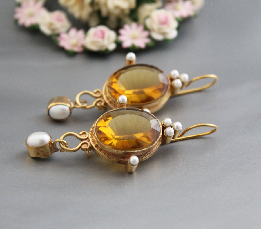 Yellow Glass Intaglio Earrings, Victorian Style, Gold Vermeil with Pearls, photo 5