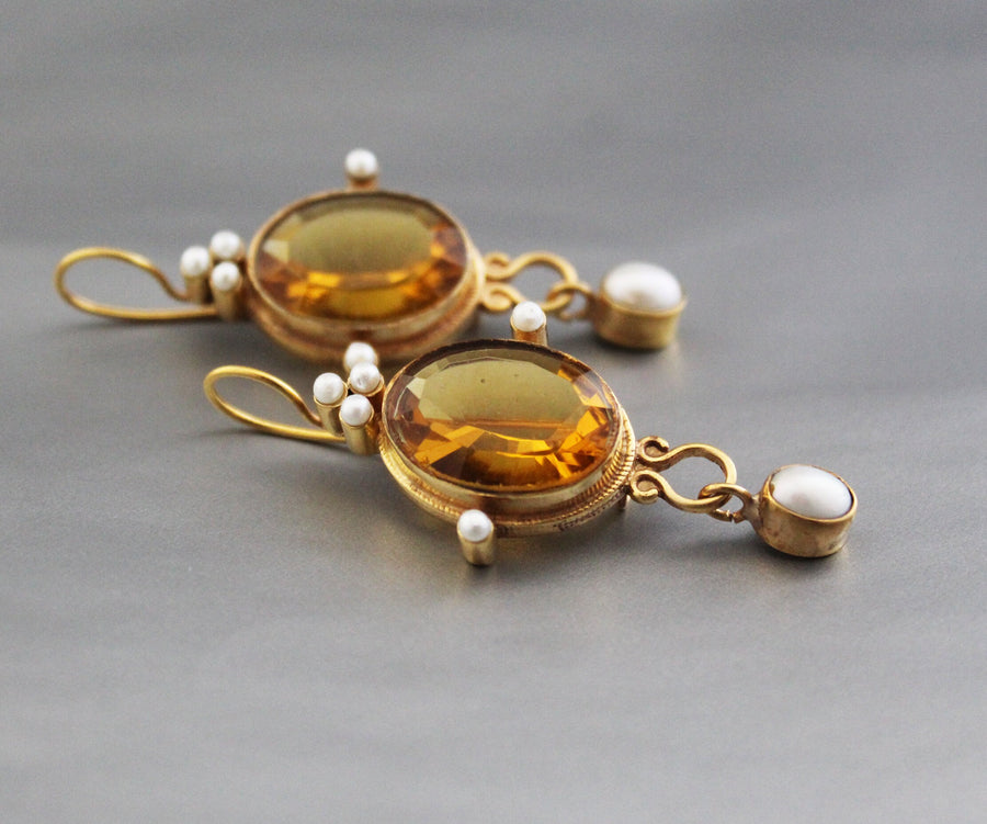 Yellow Glass Intaglio Earrings, Victorian Style, Gold Vermeil with Pearls, photo 9