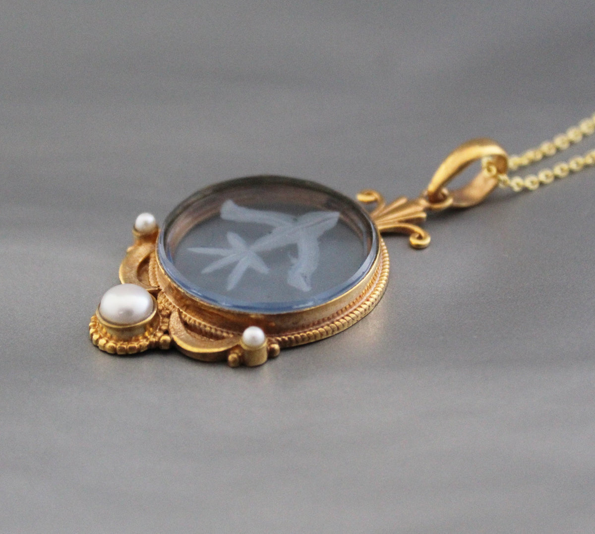 Blue Crystal Intaglio Necklace, Art Deco Bridal Pearl, 14K Gold Vermeil, photo 2