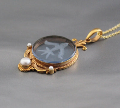 Blue Crystal Intaglio Necklace, Art Deco Bridal Pearl, 14K Gold Vermeil, photo 2