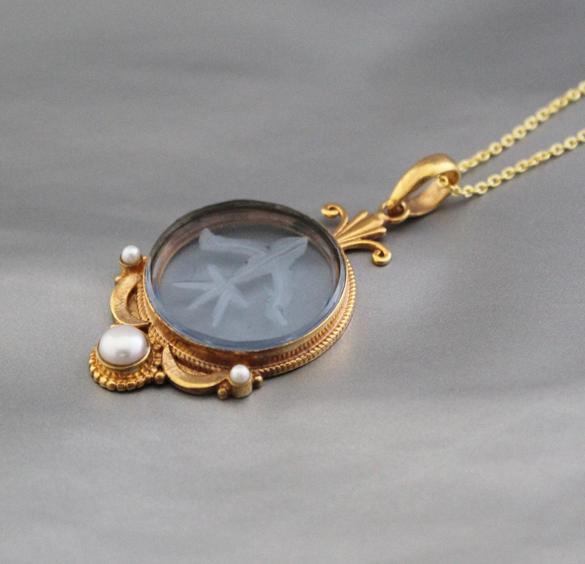 Blue Crystal Intaglio Necklace, Art Deco Bridal Pearl, 14K Gold Vermeil