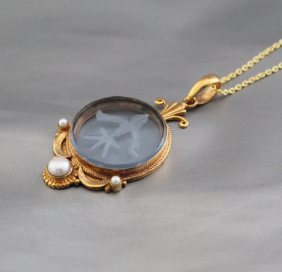 Blue Crystal Intaglio Necklace, Art Deco Bridal Pearl, 14K Gold Vermeil