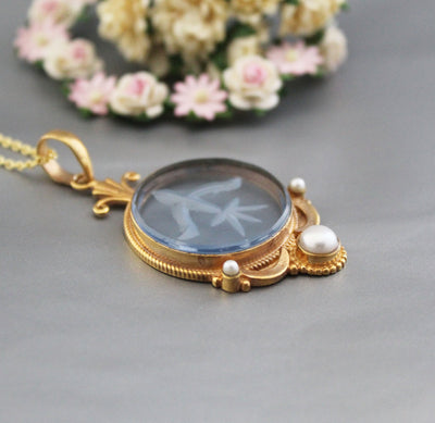 Blue Crystal Intaglio Necklace, Art Deco Bridal Pearl, 14K Gold Vermeil, photo 6