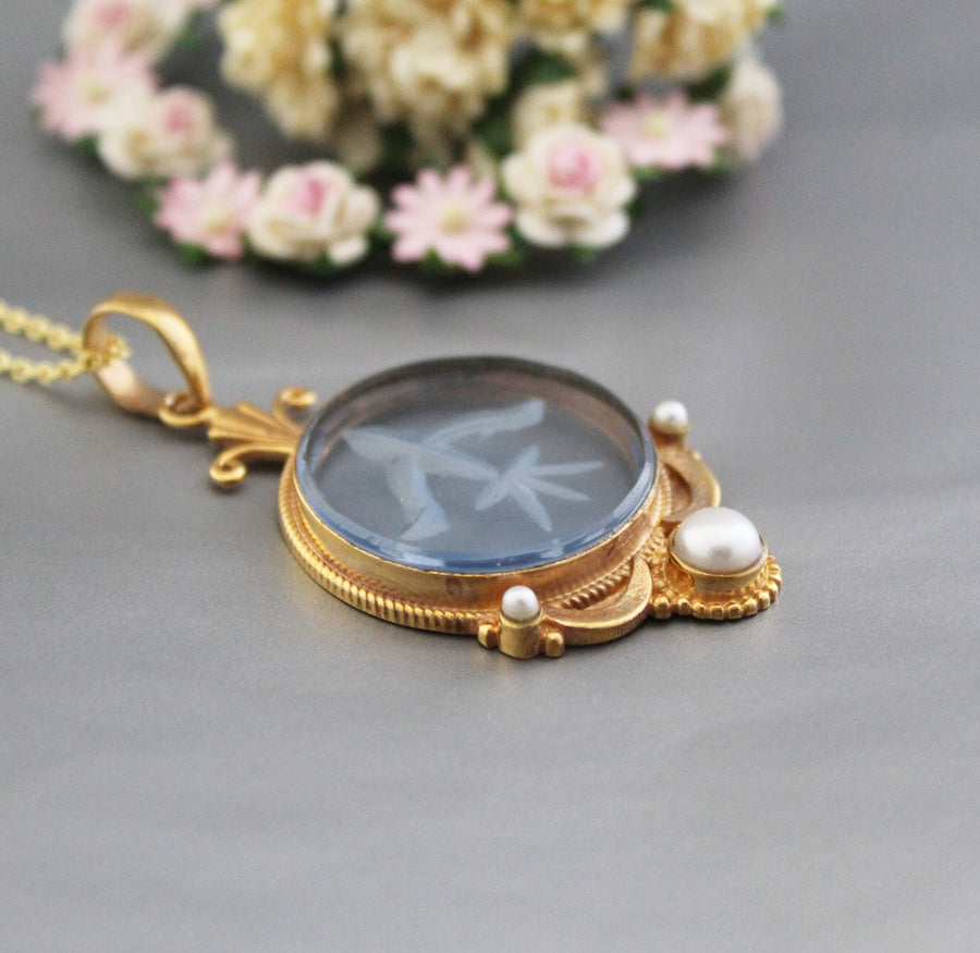 Blue Crystal Intaglio Necklace, Art Deco Bridal Pearl, 14K Gold Vermeil, photo 6