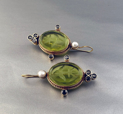 Green Glass Intaglio Earrings, Vintage Style, 14K Gold Vermeil, photo 2