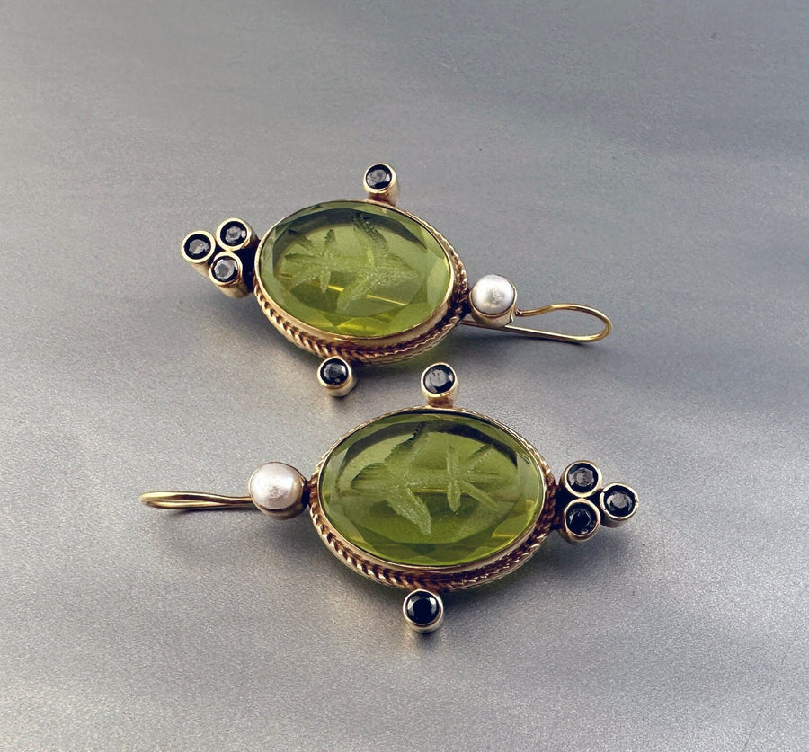 Green Glass Intaglio Earrings, Vintage Style, 14K Gold Vermeil, photo 2