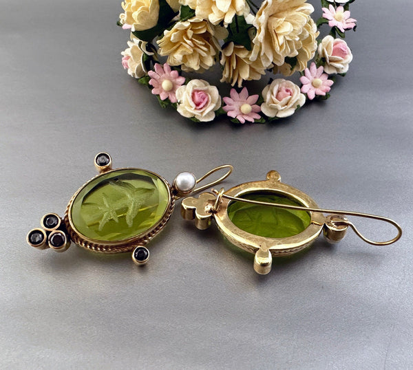 Green Glass Intaglio Earrings, Vintage Style, 14K Gold Vermeil