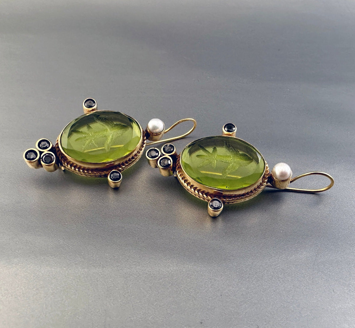 Green Glass Intaglio Earrings, Vintage Style, 14K Gold Vermeil, photo 4