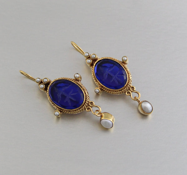 Indigo Blue Intaglio Earrings, Victorian Style, 18K Gold Plated