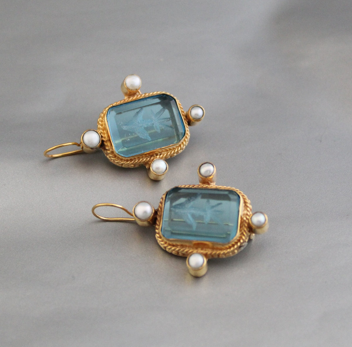 Blue Glass Intaglio Earrings, Vintage Style, 18K Gold Vermeil with Pearls, photo 8
