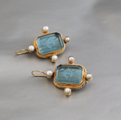 Blue Glass Intaglio Earrings, Vintage Style, 18K Gold Vermeil with Pearls, photo 8
