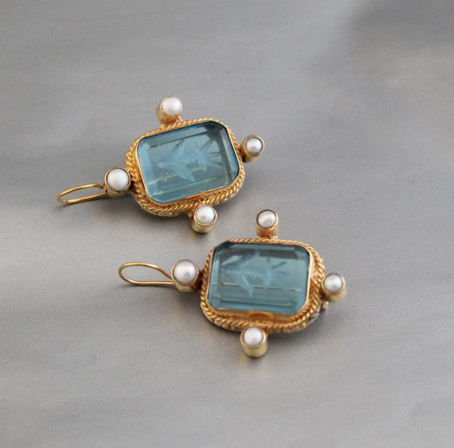 Blue Glass Intaglio Earrings, Vintage Style, 18K Gold Vermeil with Pearls, photo 8