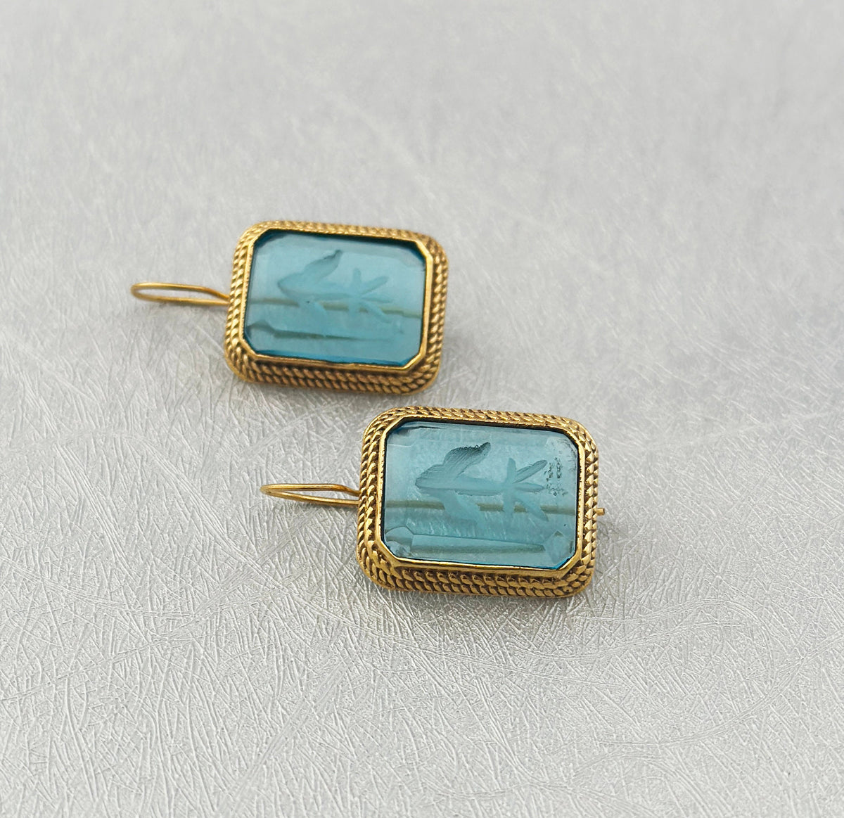 Blue Glass Intaglio Earrings, Greek Roman Victorian Style, 14K Gold, photo 9